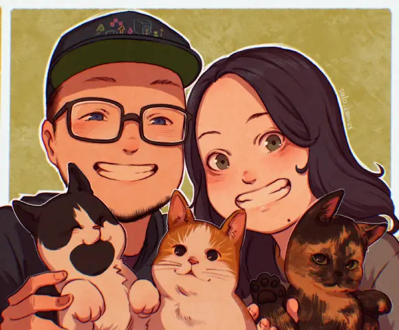 Drawing of Jeffrey, in a hat with glasses, Beth, with long hair, Chihiro, a black and white cat, Anders, an orange and white cat, and Rayla, a tabby tortoiseshell cat.
